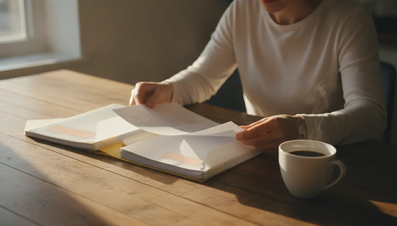Person organizing case documents and folders before a criminal defense consultation