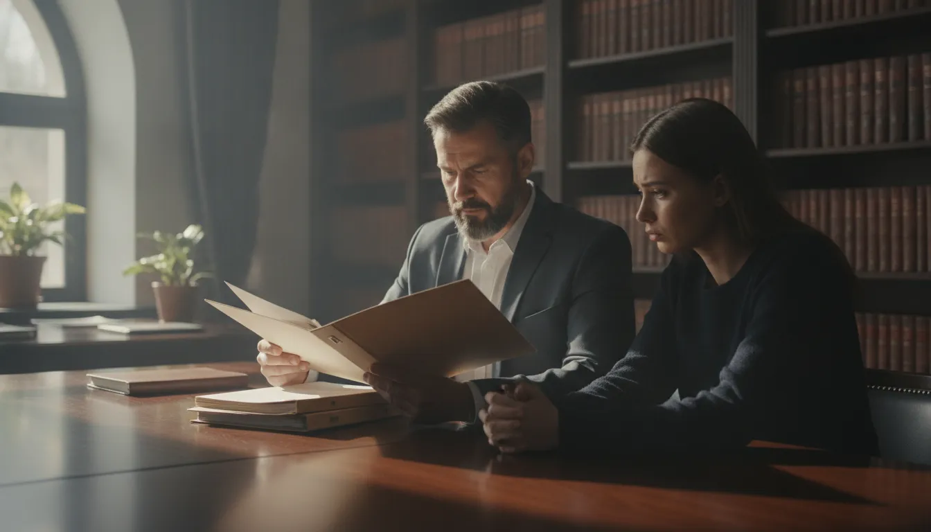 Lawyer and client reviewing probation violation documents at a law office table