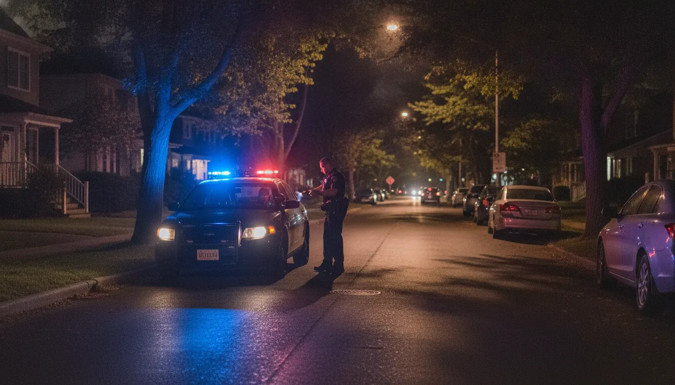 Police officer conducting a roadside traffic stop at night
