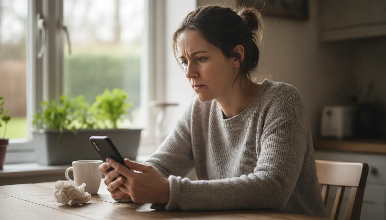 Woman holding a smartphone at a kitchen table, considering whether she can legally record a private conversation