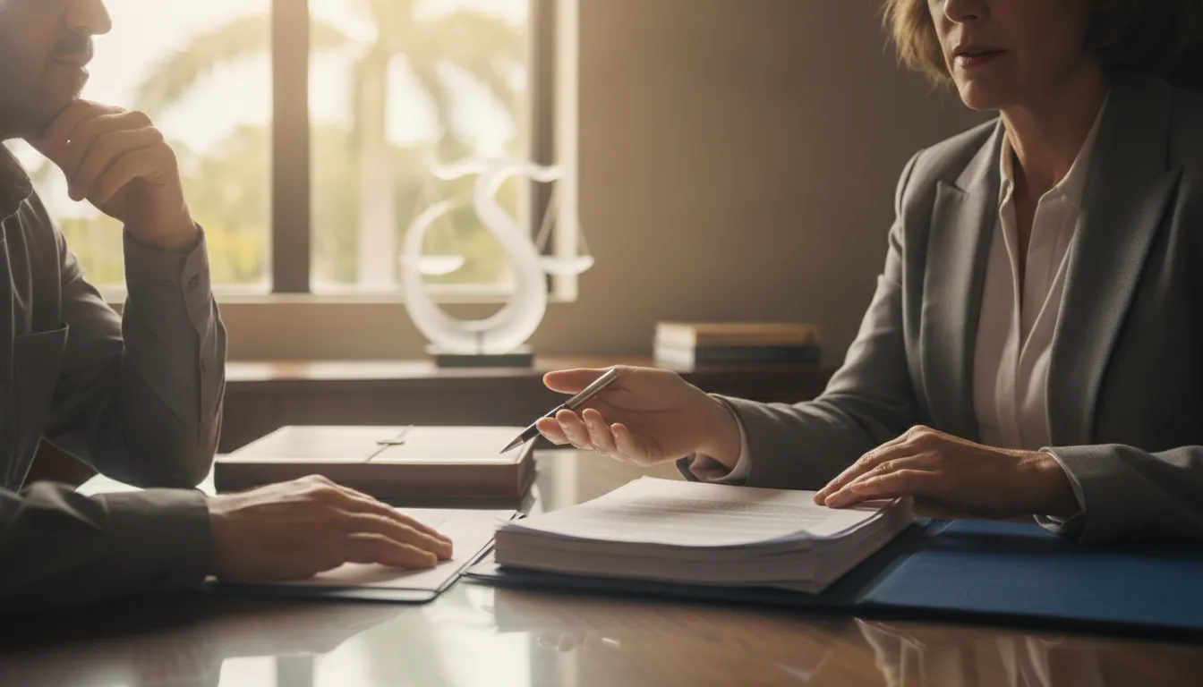 Client and criminal defense attorney reviewing a legal fee agreement in a Florida law office