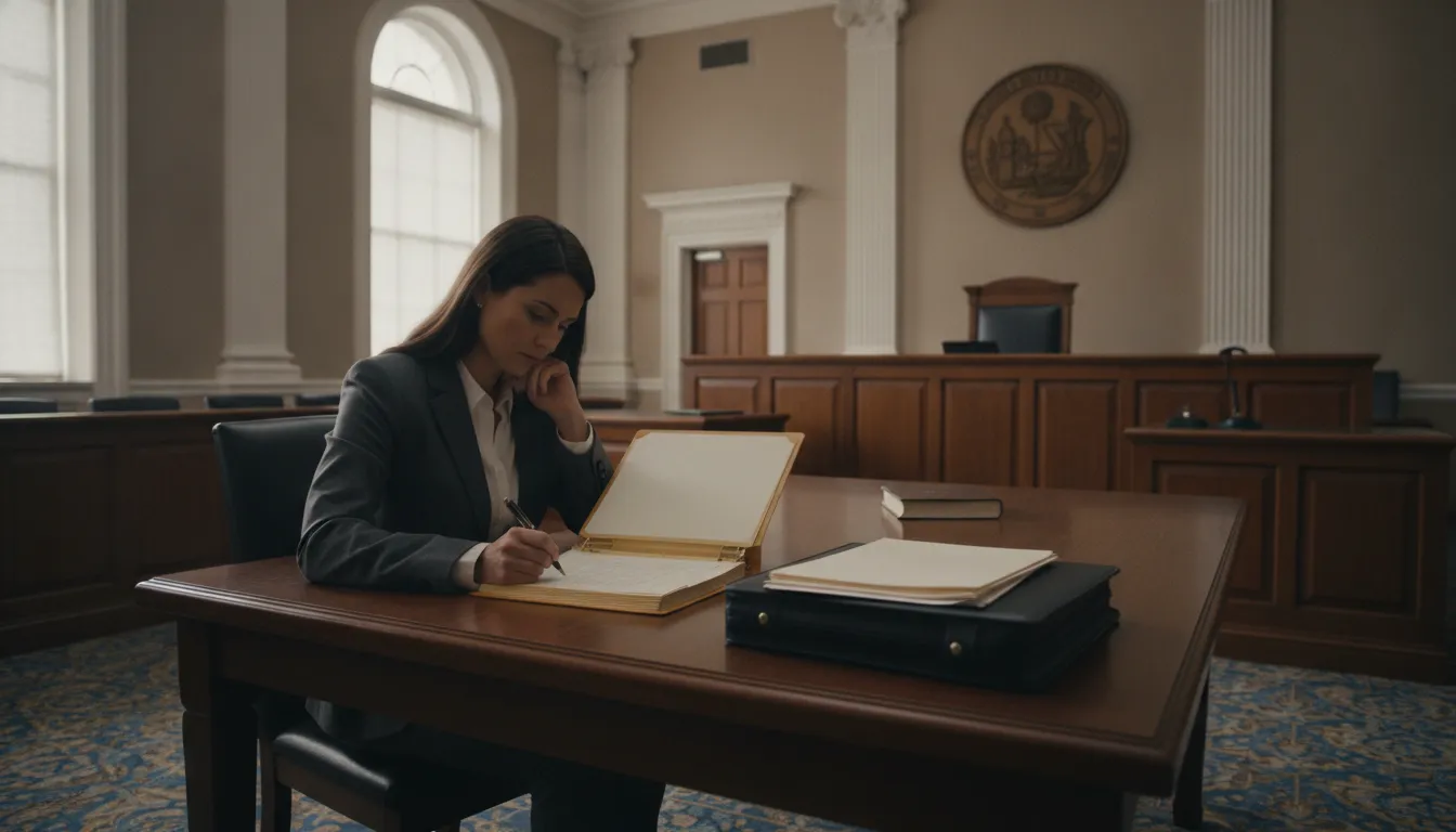 Defense attorney reviewing case files at the counsel table in a Florida courtroom