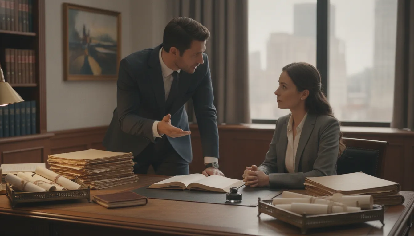 Lawyer consulting with a client about legal matters in a law office