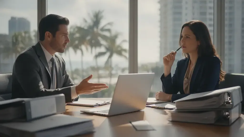Florida securities fraud lawyer discussing an investigation with a financial professional