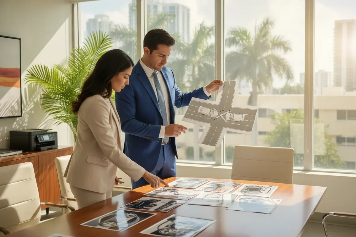 Legal team reviewing a crash diagram and photographs related to a DUI allegation