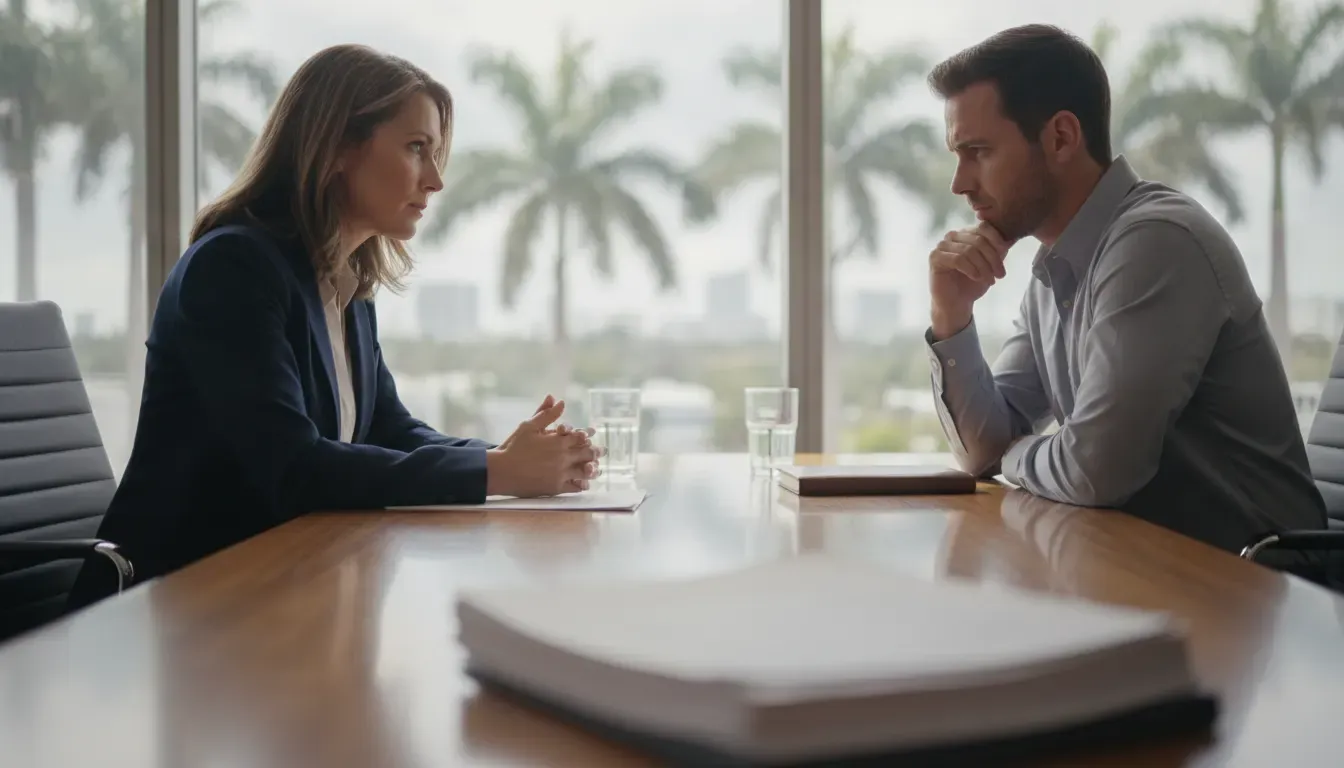 Private criminal lawyer discussing a Florida defense case with a client