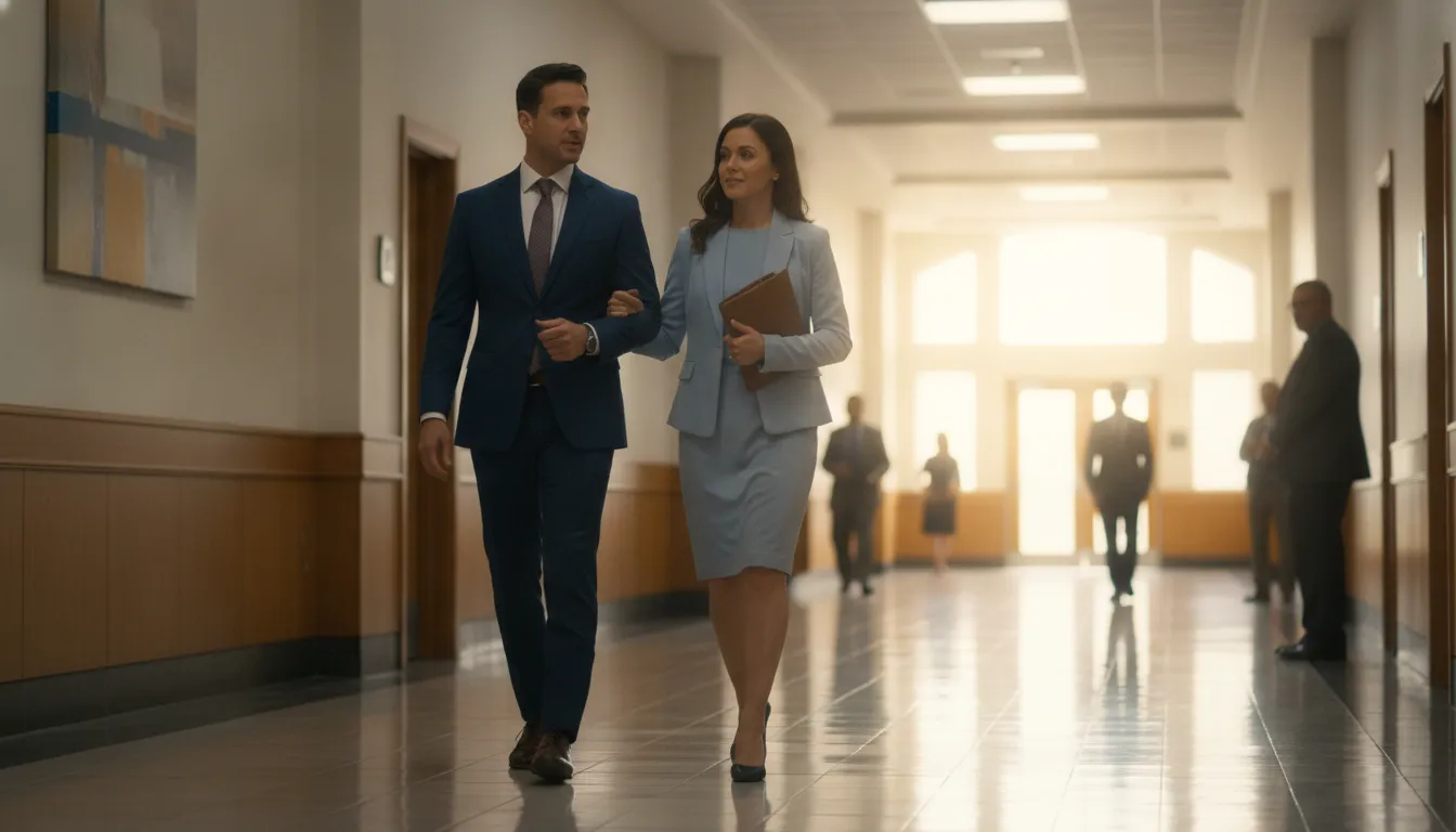 Attorney and client discussing a Florida pretrial intervention program case near a courthouse