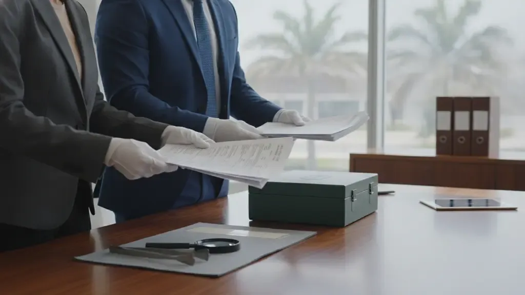 Securities fraud lawyer and business professionals reviewing preserved financial records in Florida