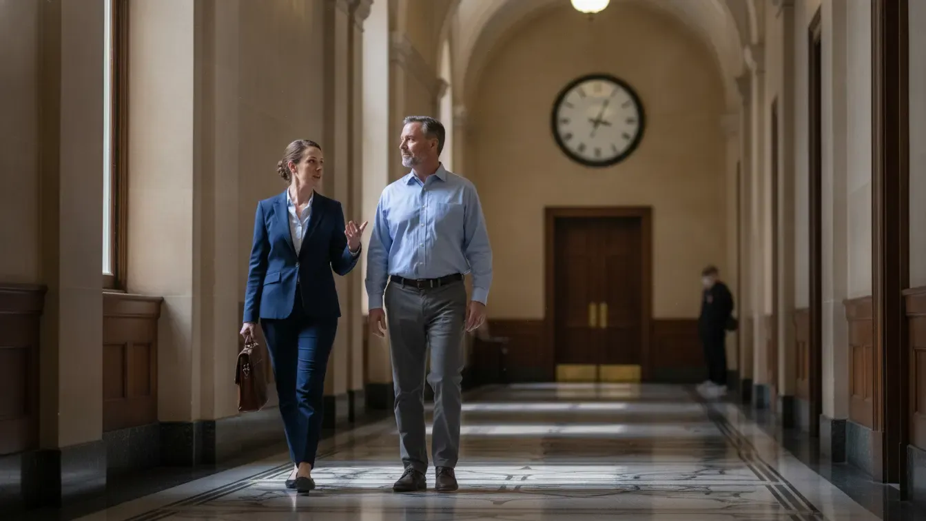 Attorney and client walking through a courthouse while reviewing an injunction timeline