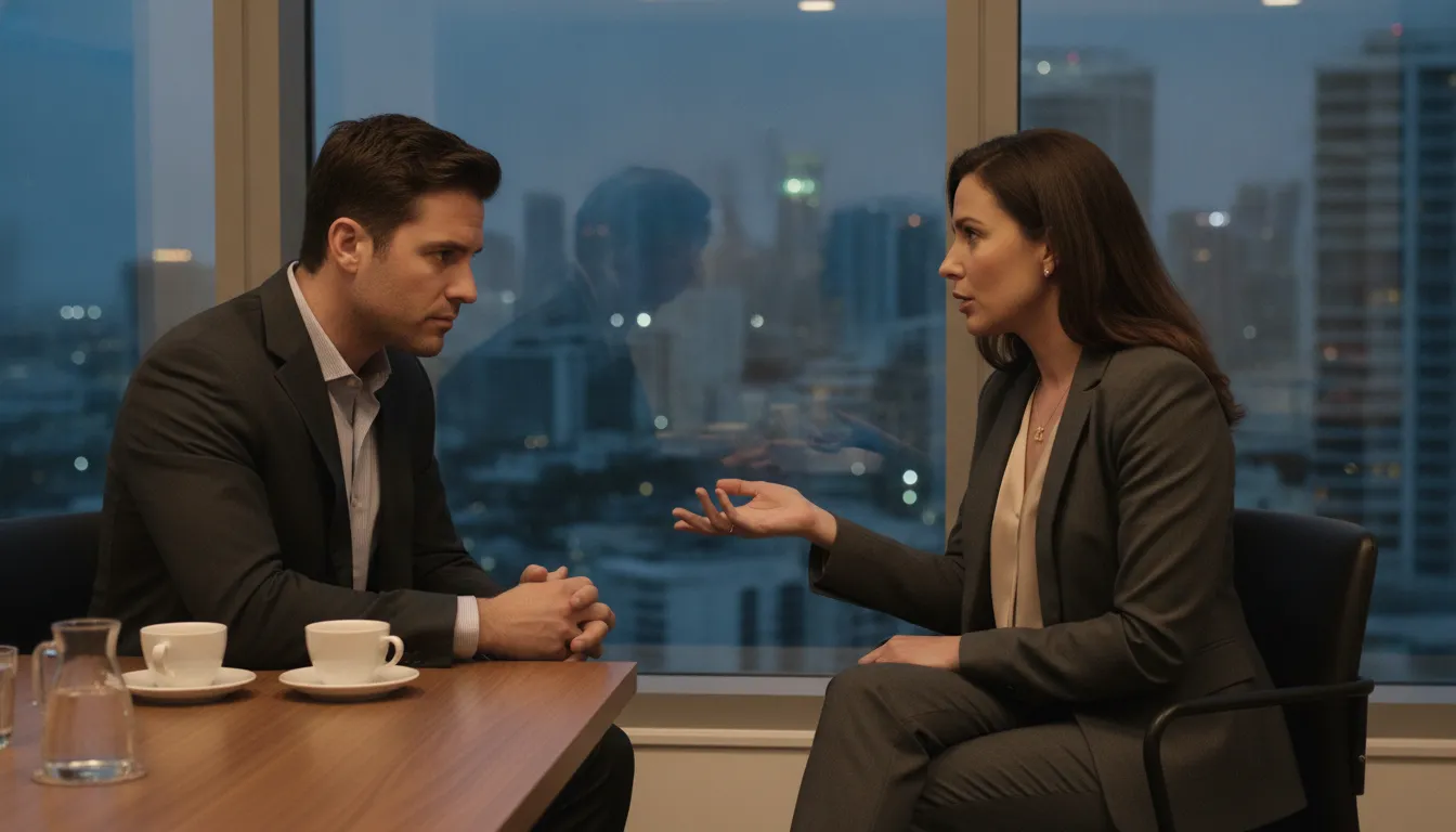 Attorney and business professional discussing legal options in a Miami office