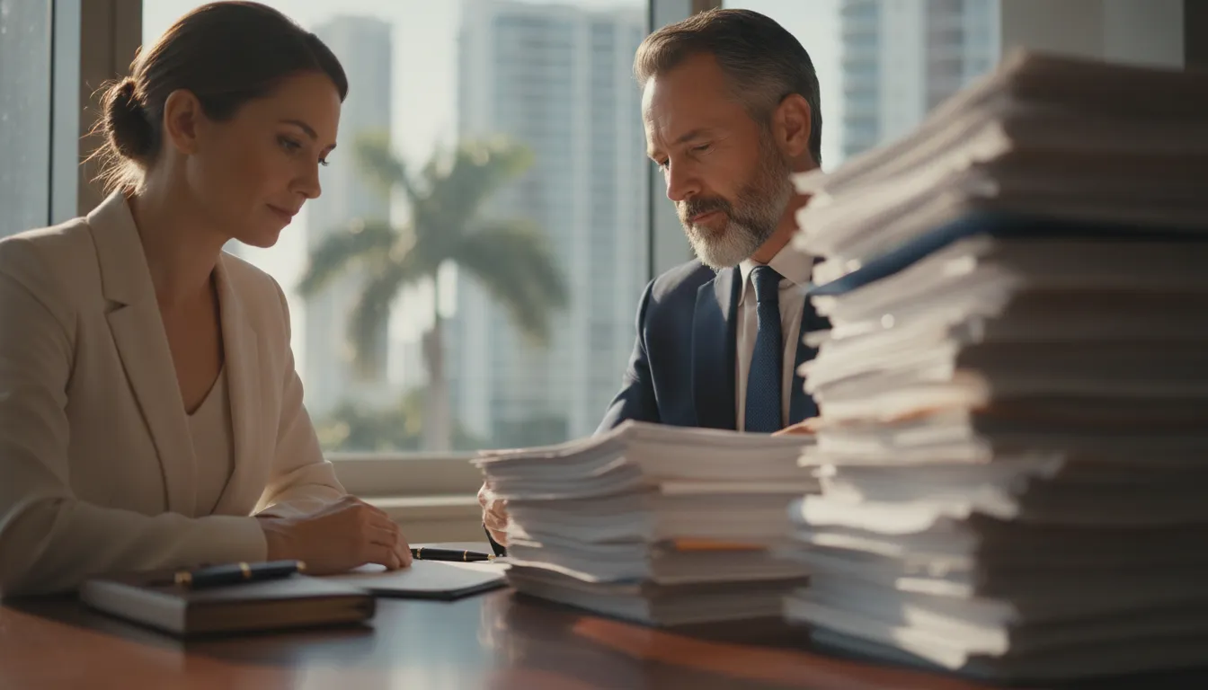 Attorney reviewing business records with a client during a tax investigation
