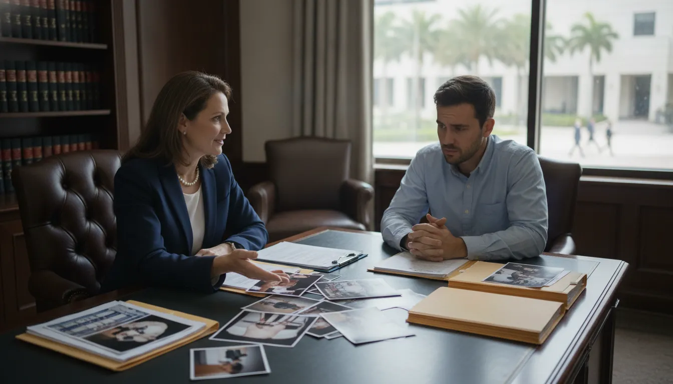 Attorney and client reviewing Florida theft case records