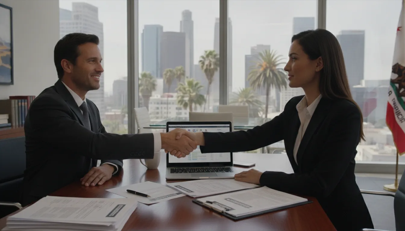 California business partners shaking hands over a buy-sell agreement at a desk with legal documents