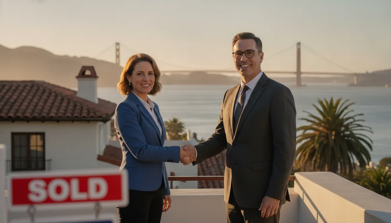 Real estate agent and attorney shaking hands on a California investment property sale near the San Francisco bay