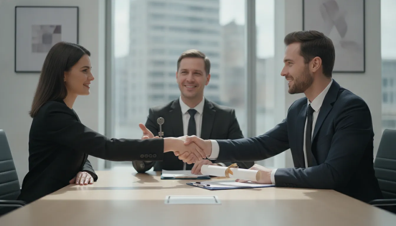Investors and an attorney reviewing 1031 exchange like-kind property closing documents at a conference table