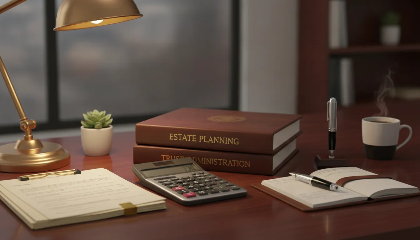 California trust administration documents, calculator, and files on a desk