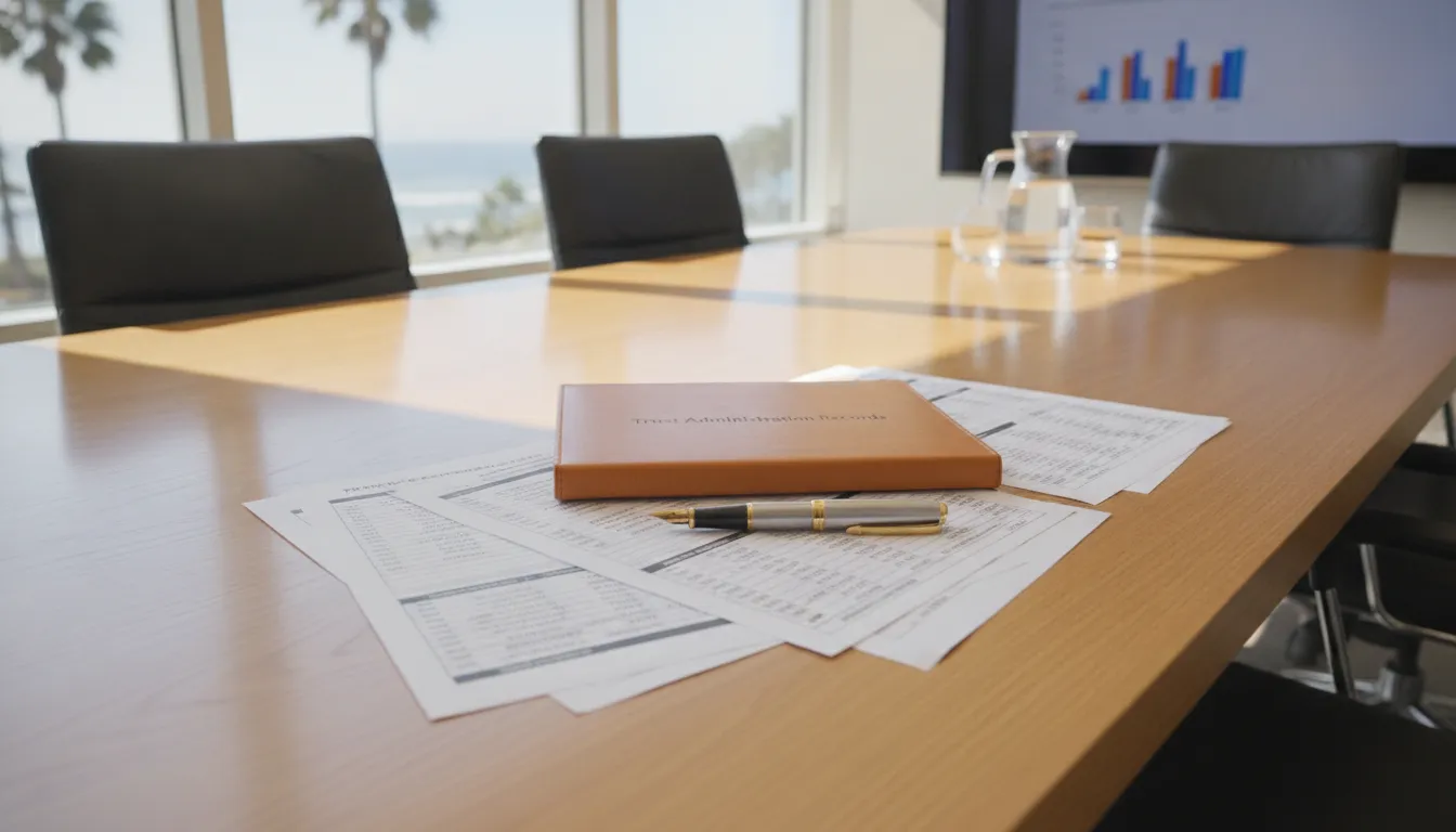 Spreadsheets and leather folder labeled Trust Administration Records on a conference table