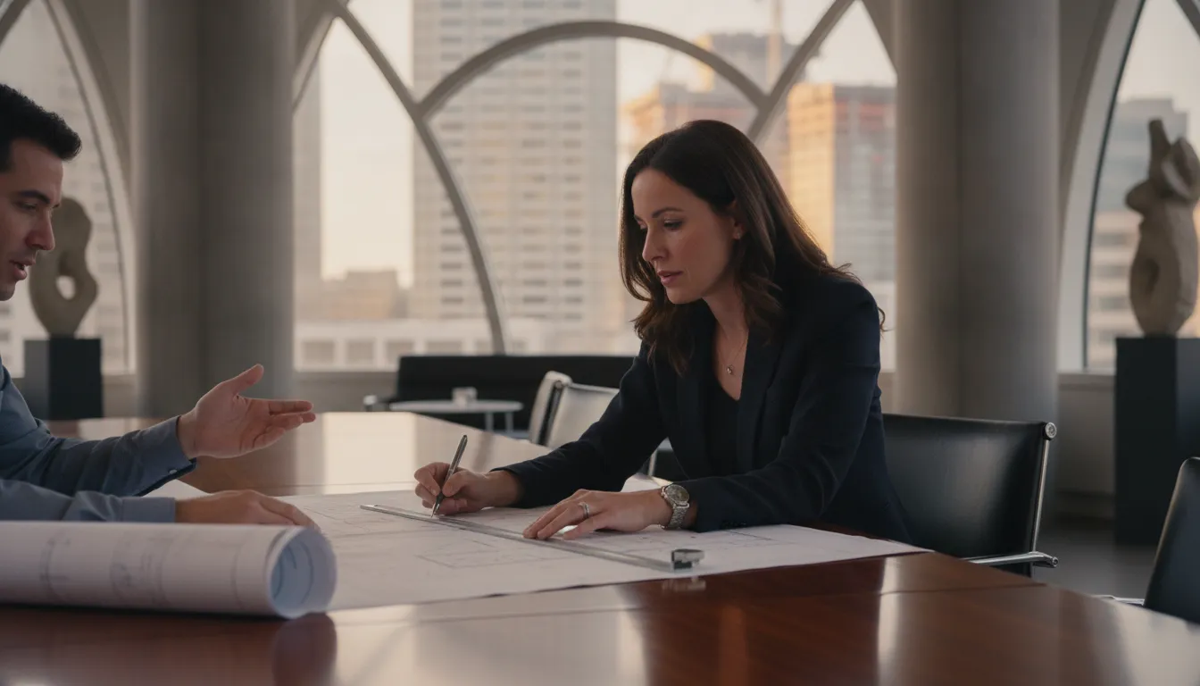 Bay Area attorney reviewing property plans with a business owner