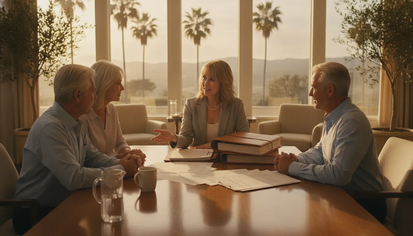 Estate planning attorney meeting with a family to review trustee responsibilities in a California office
