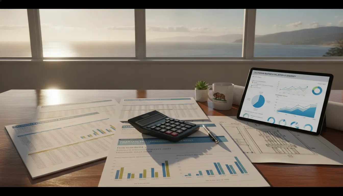 Business valuation documents with calculator financial graphs on a desk