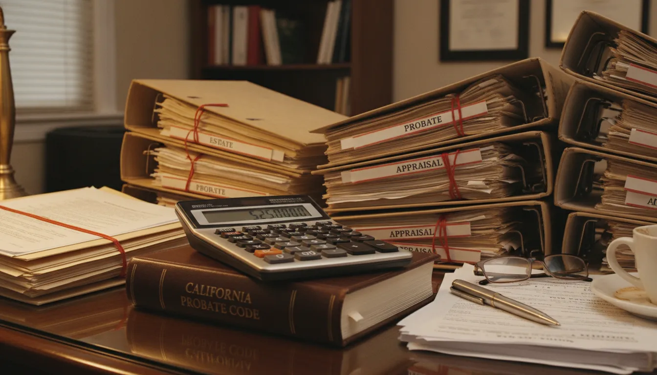 California legal documents, calculator, and files representing the probate referee valuation timeline