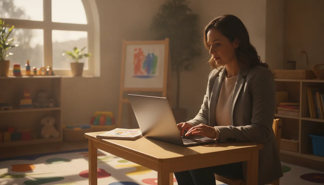 Early childhood educator studying child development associate online course lessons in a preschool classroom