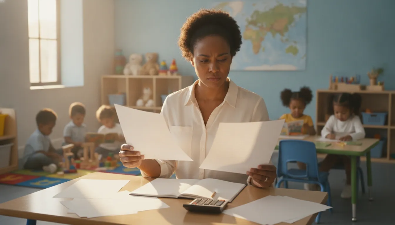 Early childhood educator reviewing a career development plan and job offer