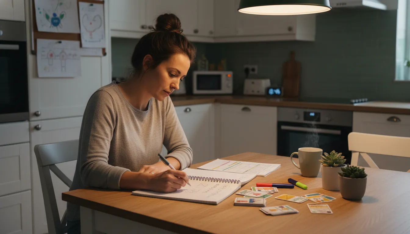 Early childhood teacher following a CDA exam study schedule at home
