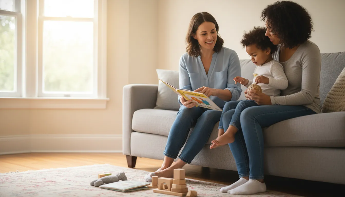 Home visitor guiding a parent and young child during a family visit