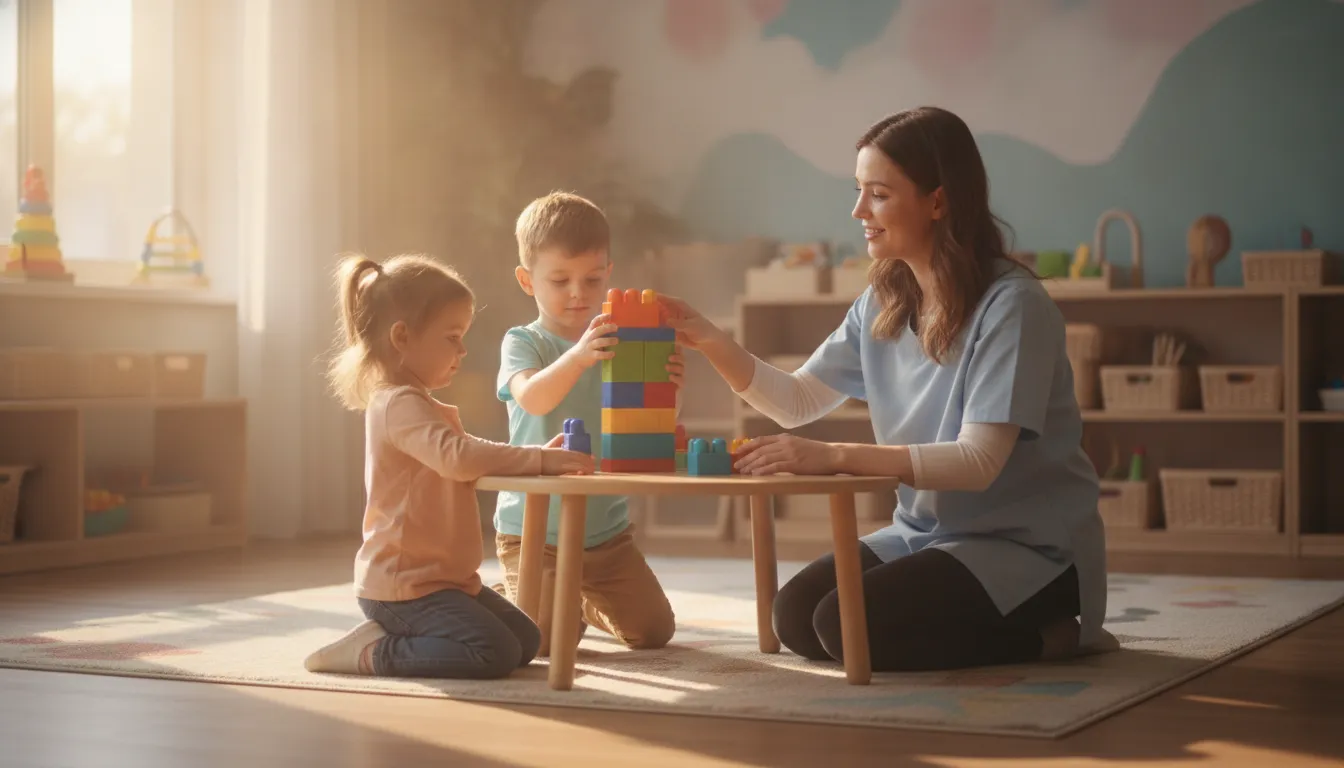 Early childhood educator guiding two children building with blocks during a CDA training lesson