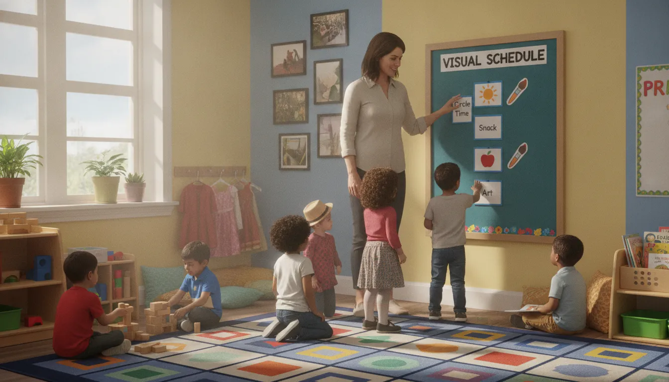 Preschool classroom with organized learning centers and visual schedule for classroom management