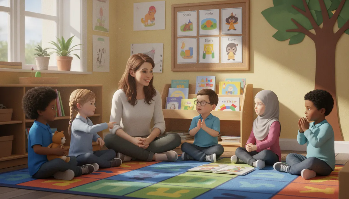Preschool teacher guiding children during circle time in a classroom with visual schedule cards