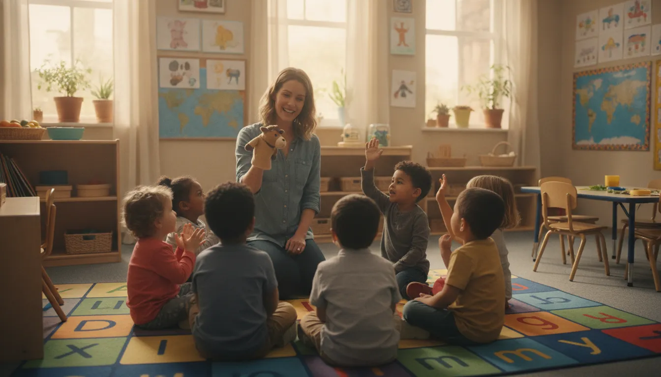 Preschool teacher engaging with young children during interactive classroom activity