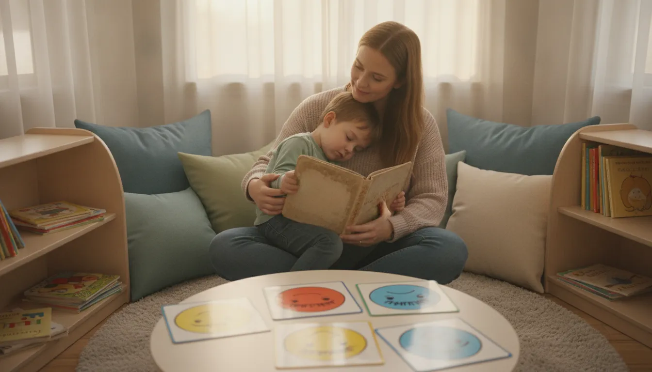 Preschool calm-down corner with soft pillows, books, and emotion cards
