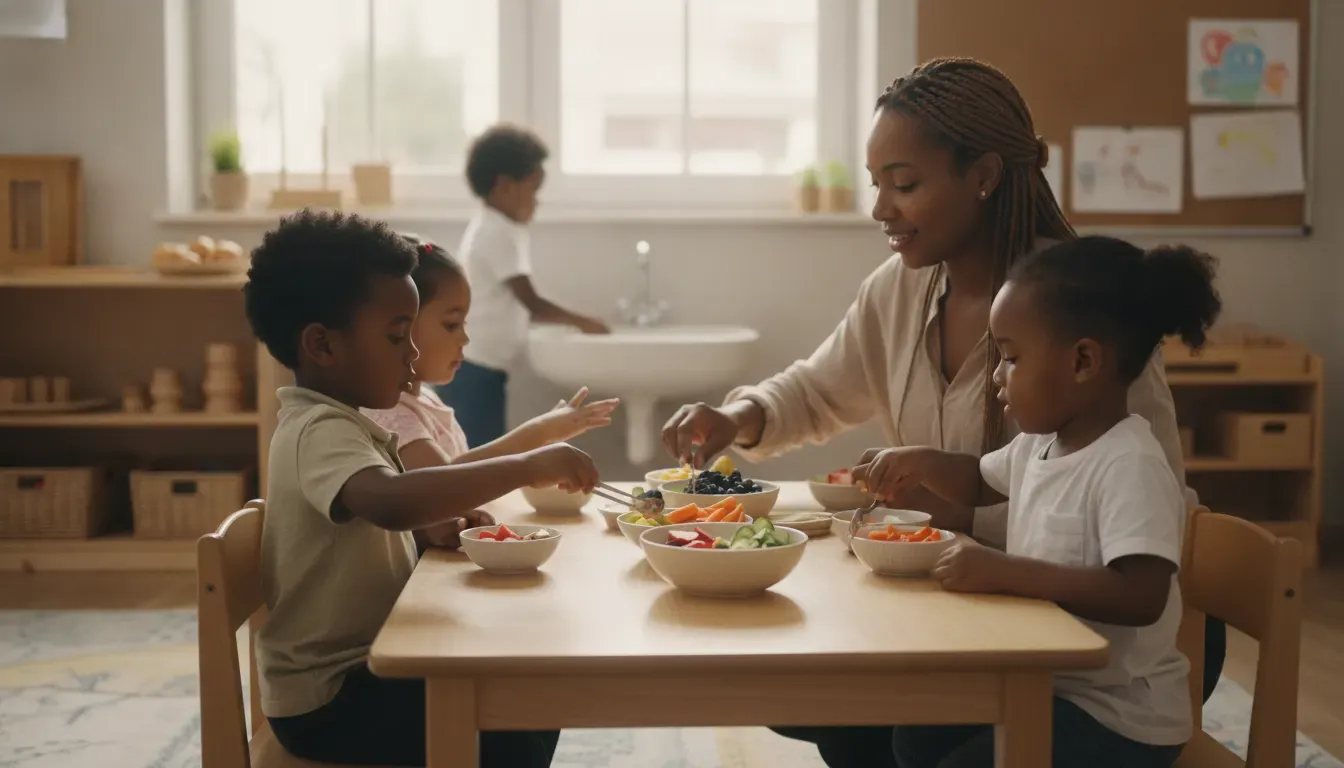 Children practicing healthy menu routines with an early childhood educator