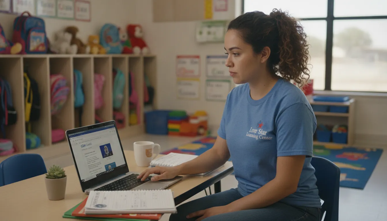 Early childhood educator completing CDA coursework on a laptop in a bright Texas classroom