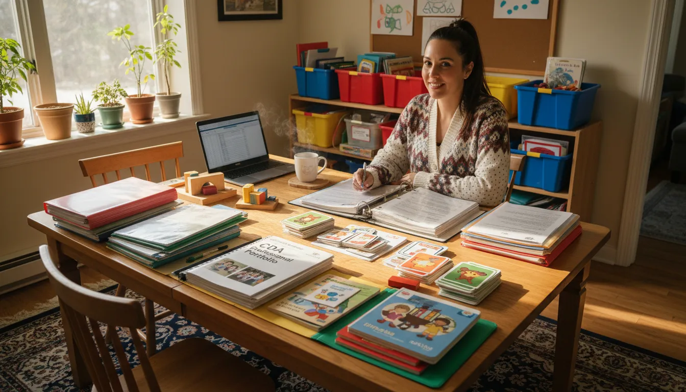 Family child care educator organizing a CDA Professional Portfolio