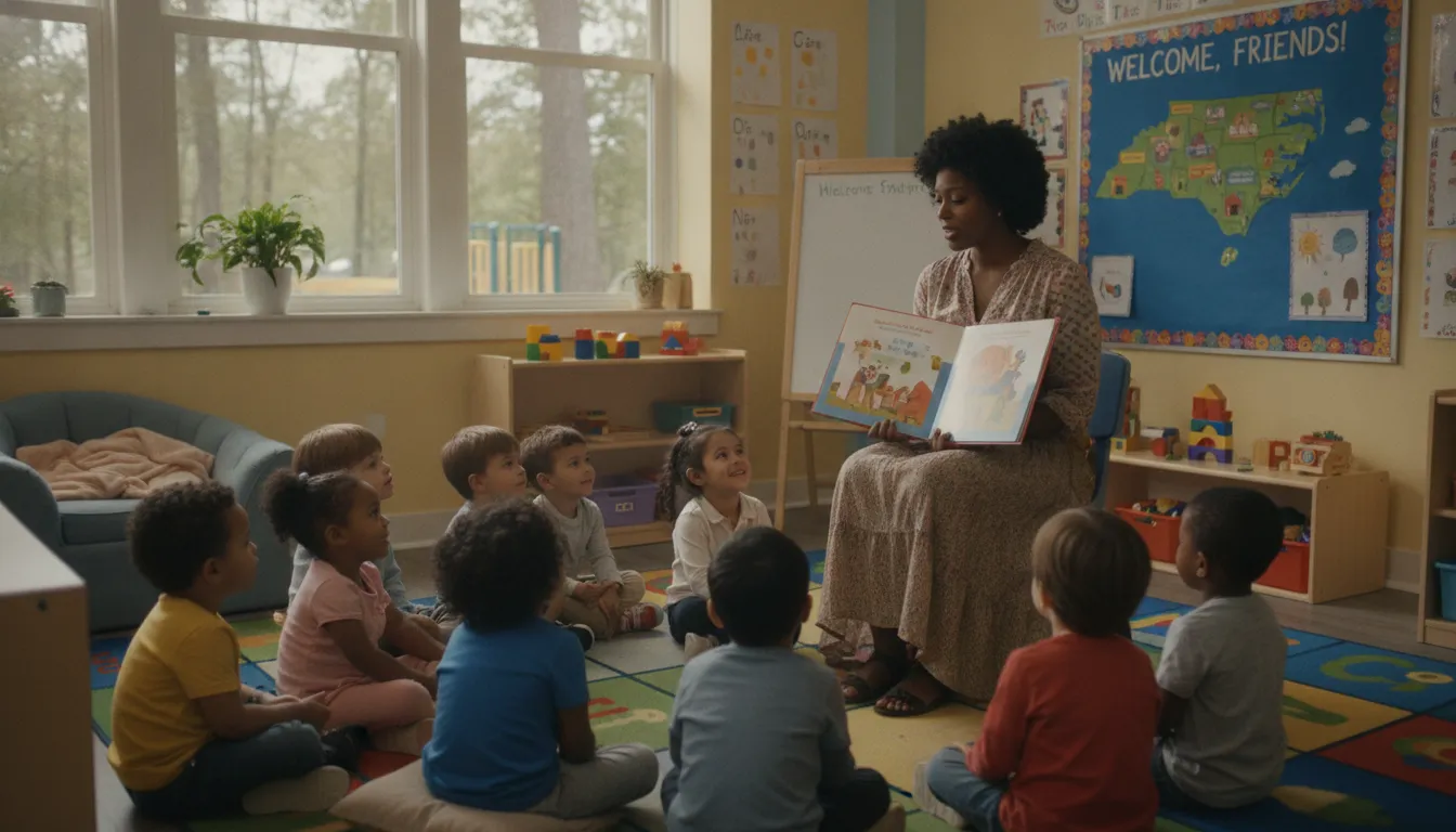 Preschool teacher reading to children in a North Carolina daycare classroom