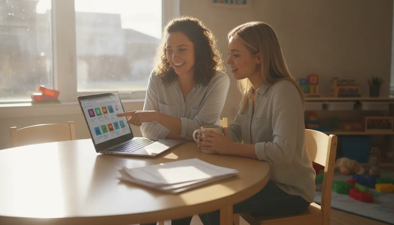 Two early childhood educators comparing the cost and features of online CDA training programs at a table