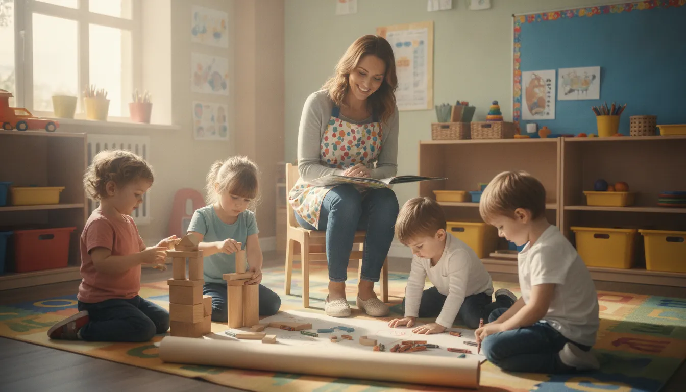 A CDA candidate interacting with young children in a bright preschool classroom