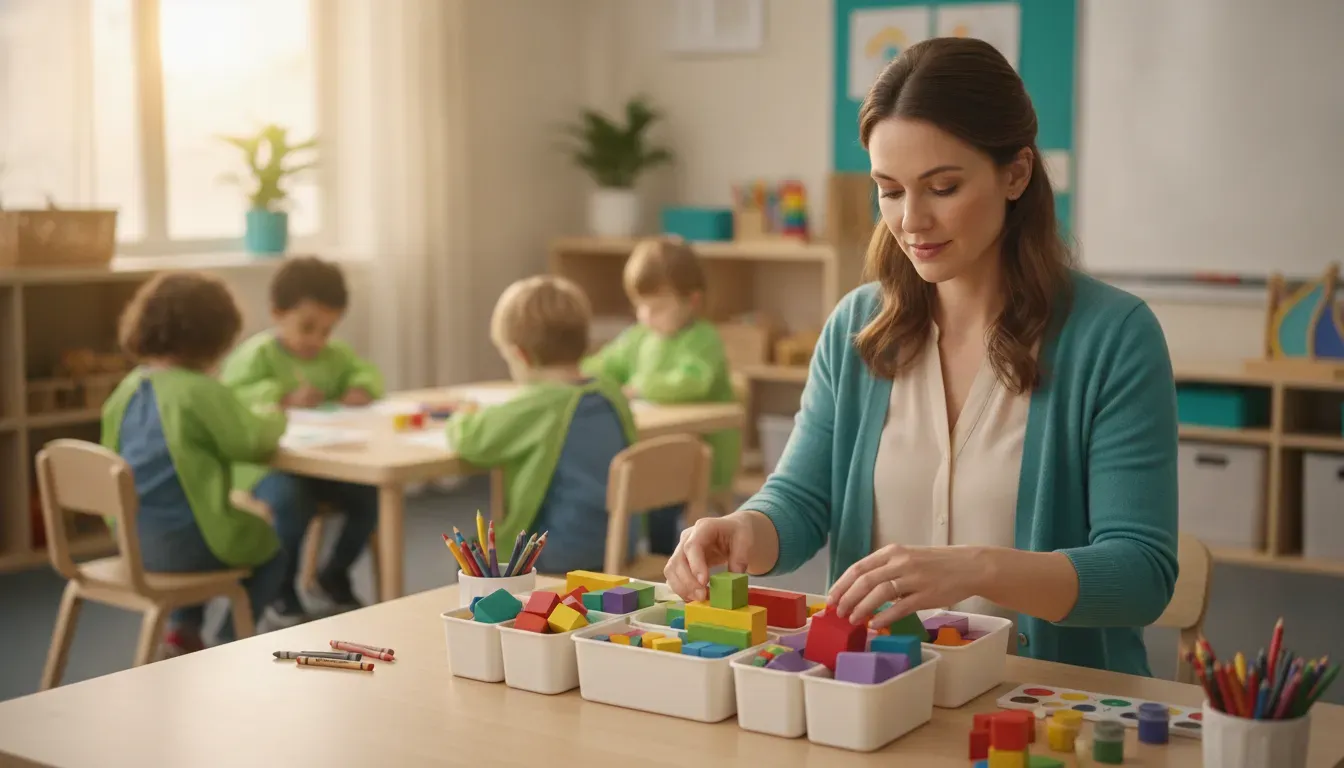 Illinois CDA certification candidate organizing early childhood classroom learning materials