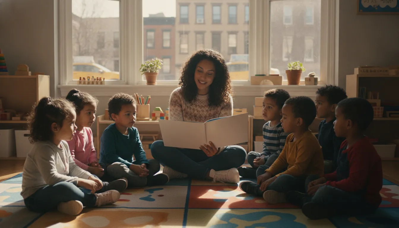 New York City preschool classroom with diverse children and teacher reading together