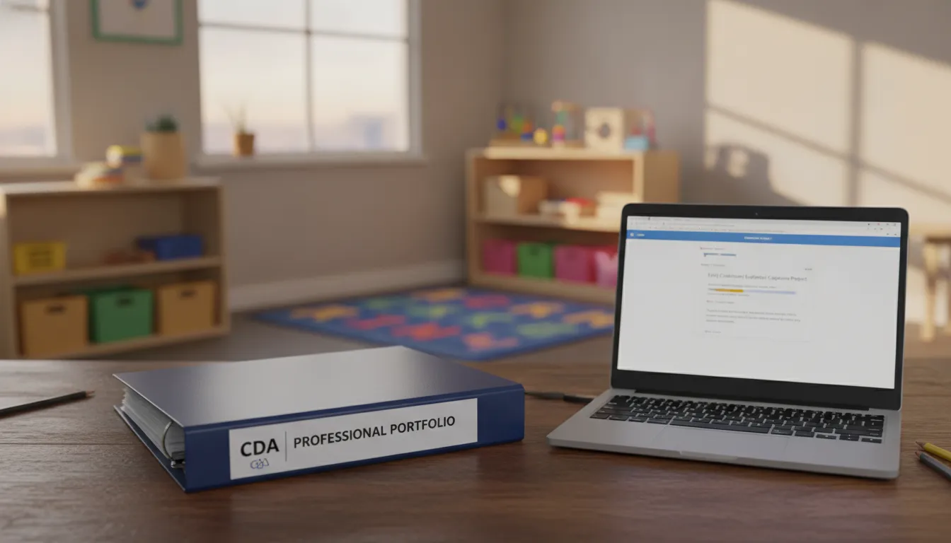 A neatly organized CDA Professional Portfolio binder resting on a desk