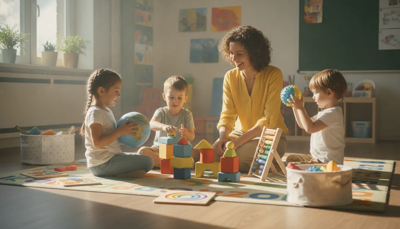 Preschool teacher supporting young children learning together in an early childhood classroom