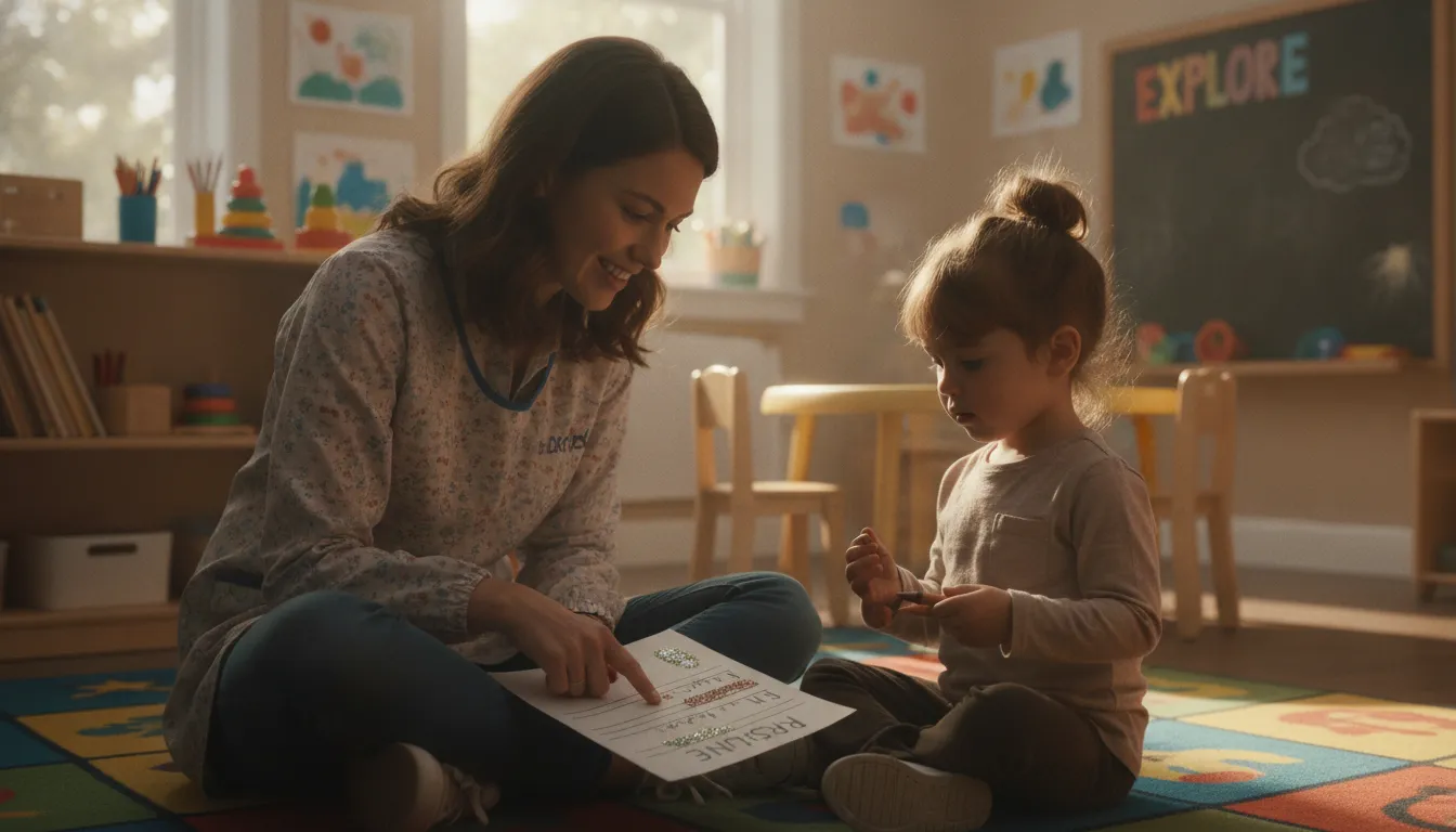 Preschool teacher reviewing a resume document in a bright classroom