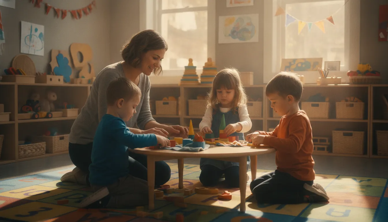 Educator guiding preschool children through a hands-on scenario-based CDA training activity in a classroom