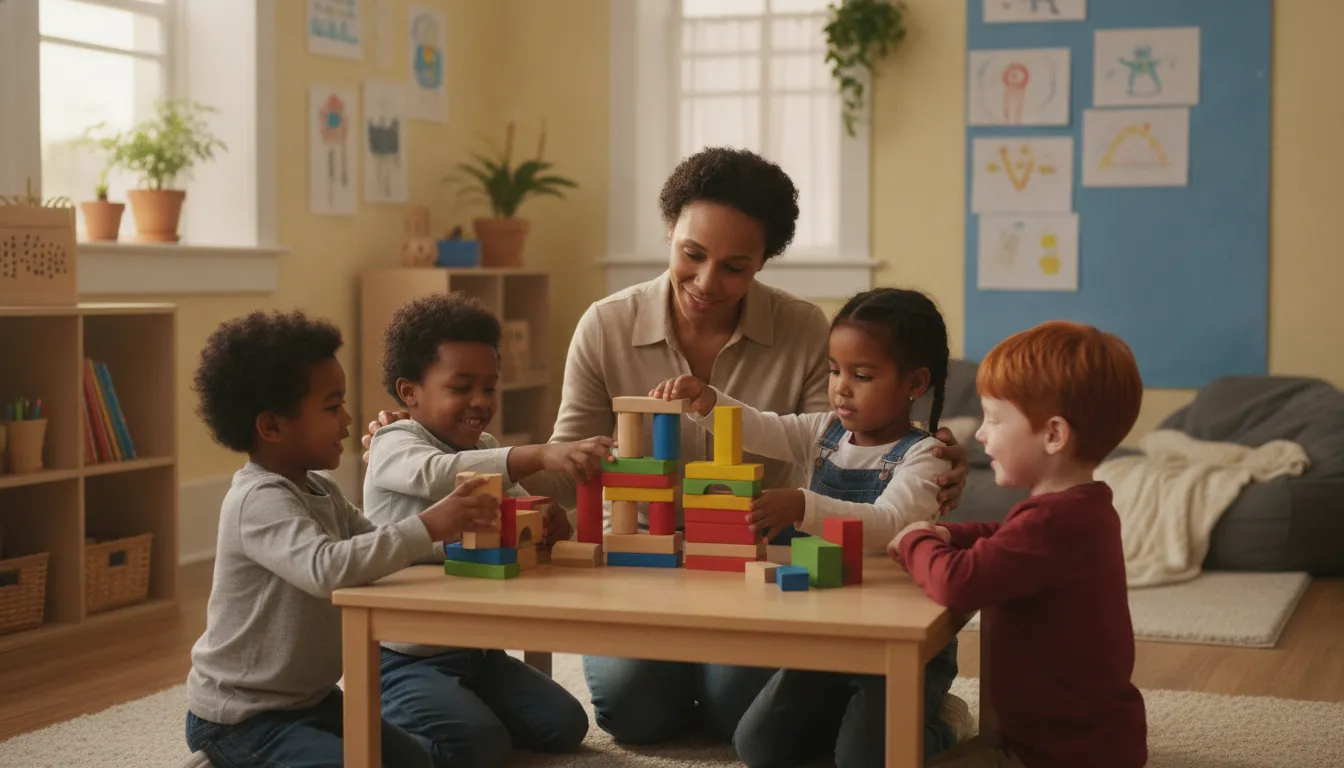 Educator guiding preschool children during a cooperative social-emotional learning activity