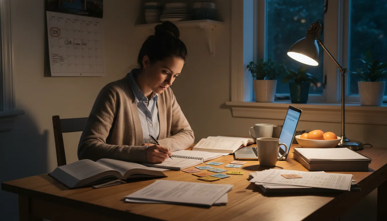 Busy early childhood teacher using a CDA exam study schedule with notes and flashcards