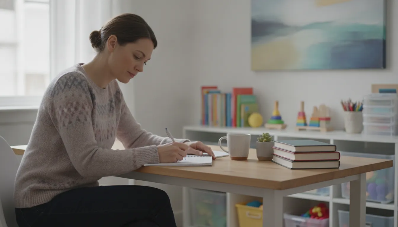 Childcare teacher studying course materials at a bright desk to complete online CDA courses