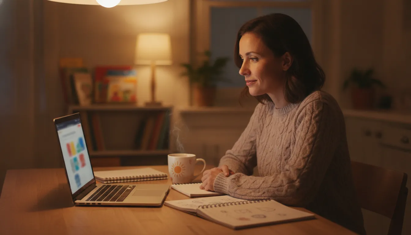 Preschool teacher studying self-paced CDA training at home in the evening